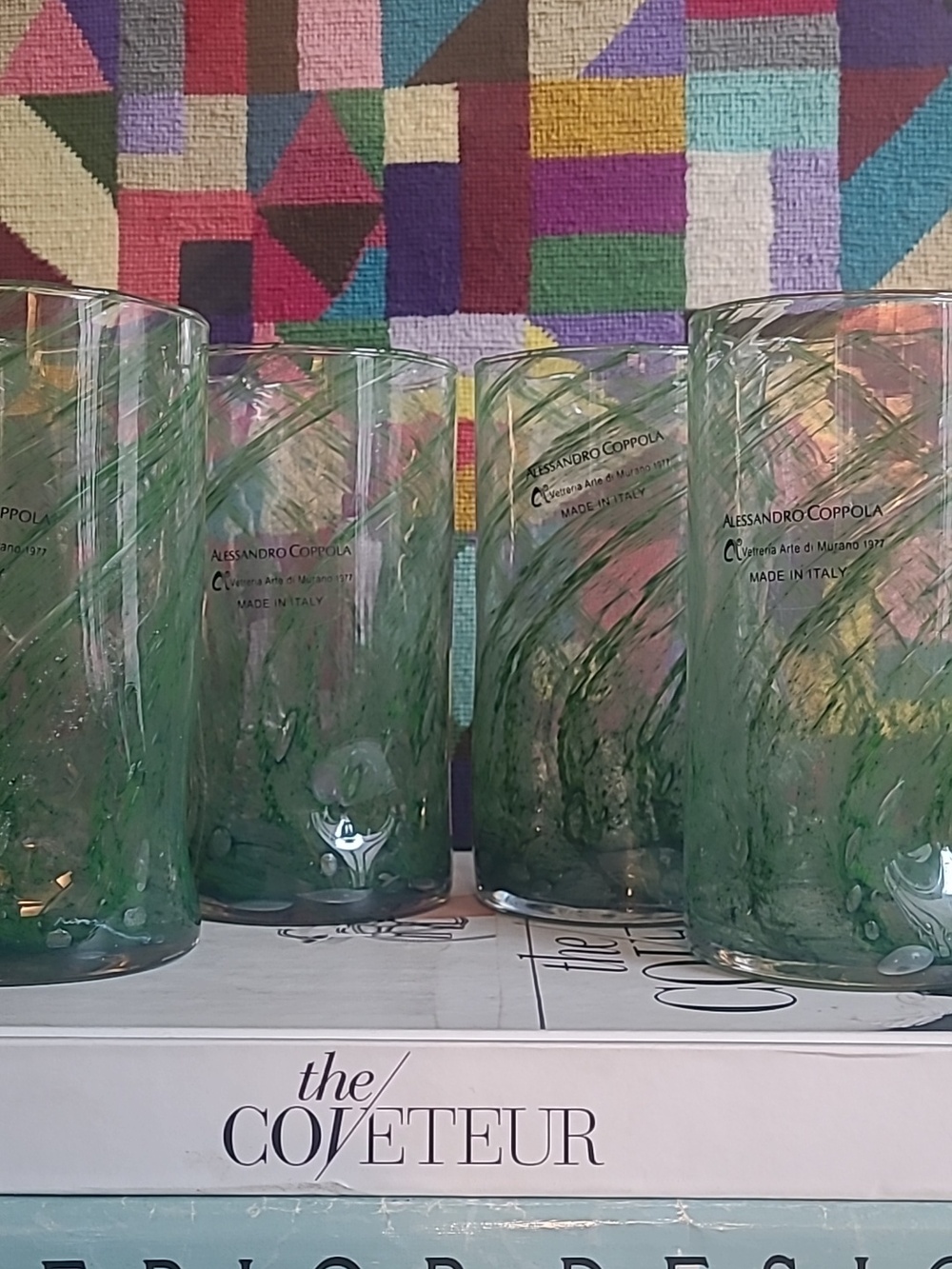 MURANO HANDBLOWN GLASS GREEN SWIRL HIGHBALL CUPS SET OF 4